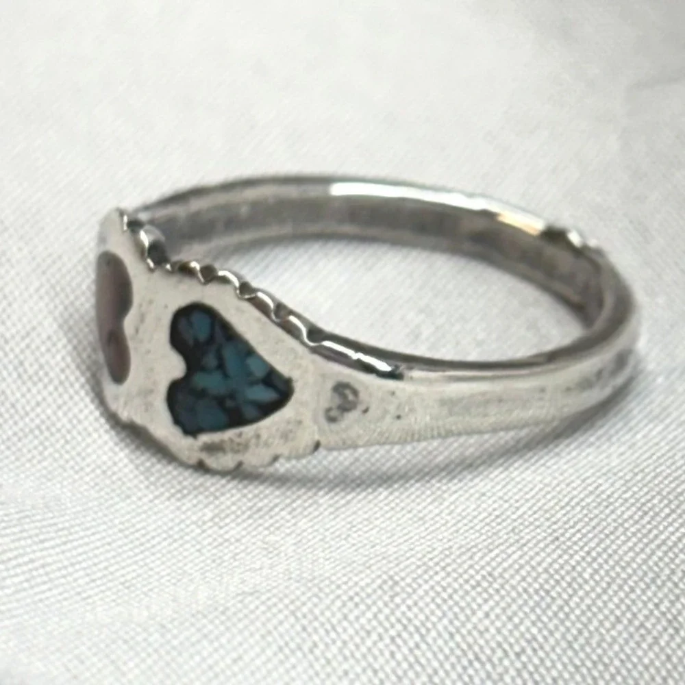 Unbranded Heart Inlay Ring Unisex 6.5 Silver Good Turquoise Coral Chip Vintage